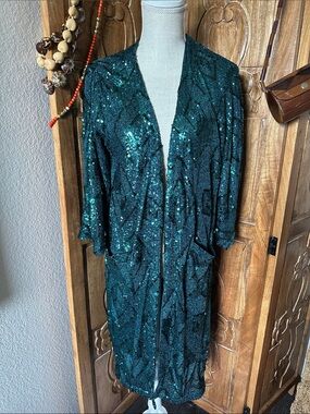 Skies Are Blue hunter green sequin duster.